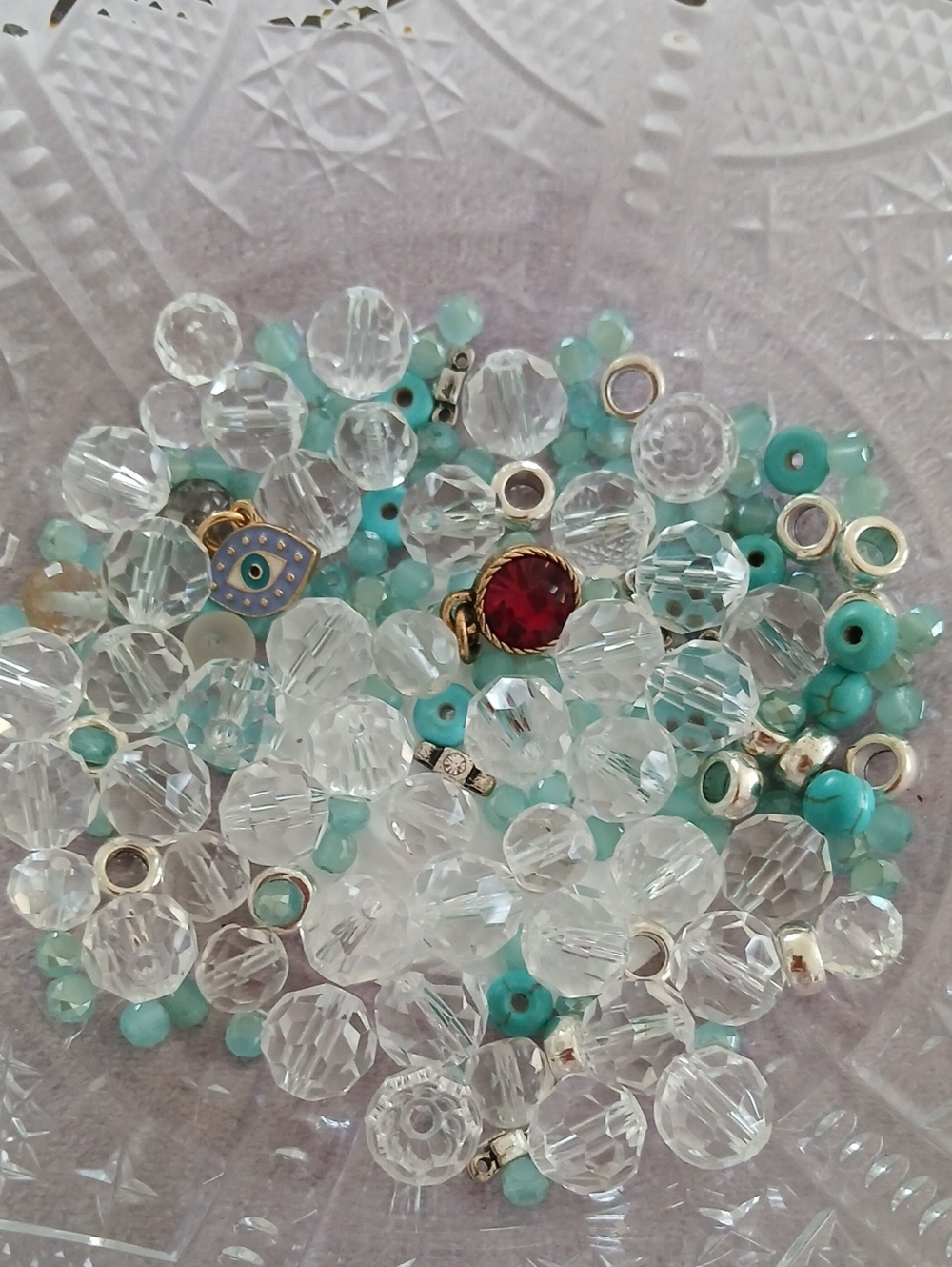 Turquoise and Crystal Glass With Silver  Beads
